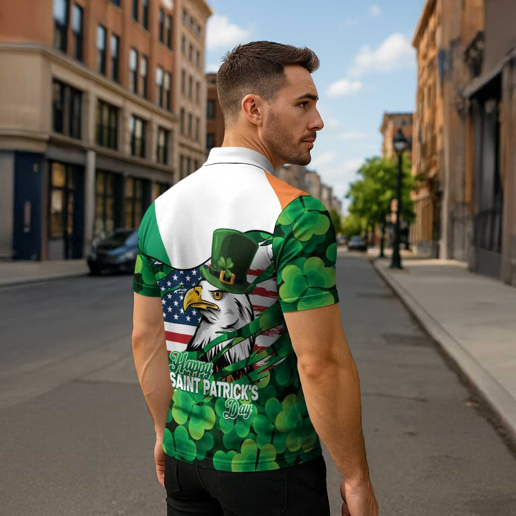 Irish American St Patrick's Day Zipper Polo Shirt USA Eagle Leprechaun Hat Shamrock Pattern