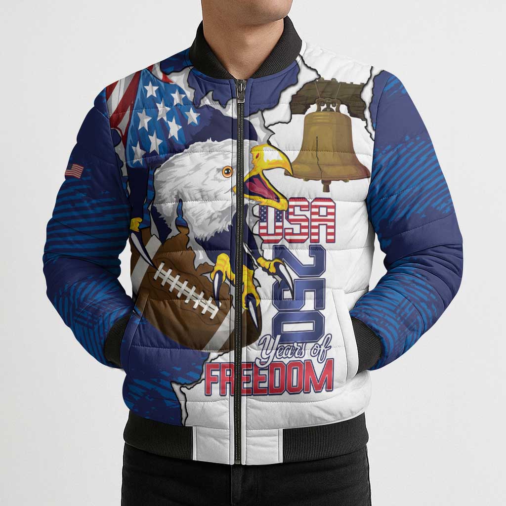 Personalized Football United States 250th Anniversary Bomber Puffer Jacket USA Flag Eagle Liberty Bell