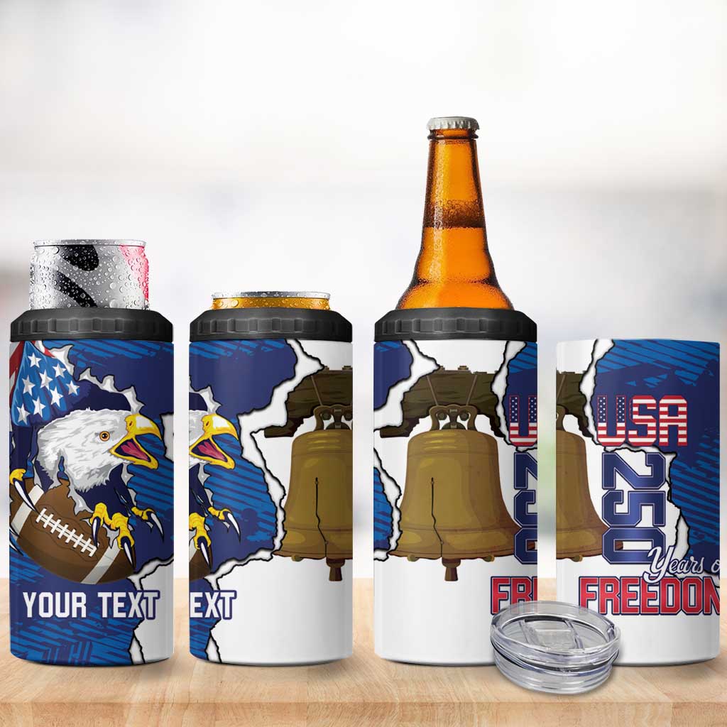 Personalized Football United States 250th Anniversary 4 in 1 Can Cooler Tumbler USA Flag Eagle Liberty Bell
