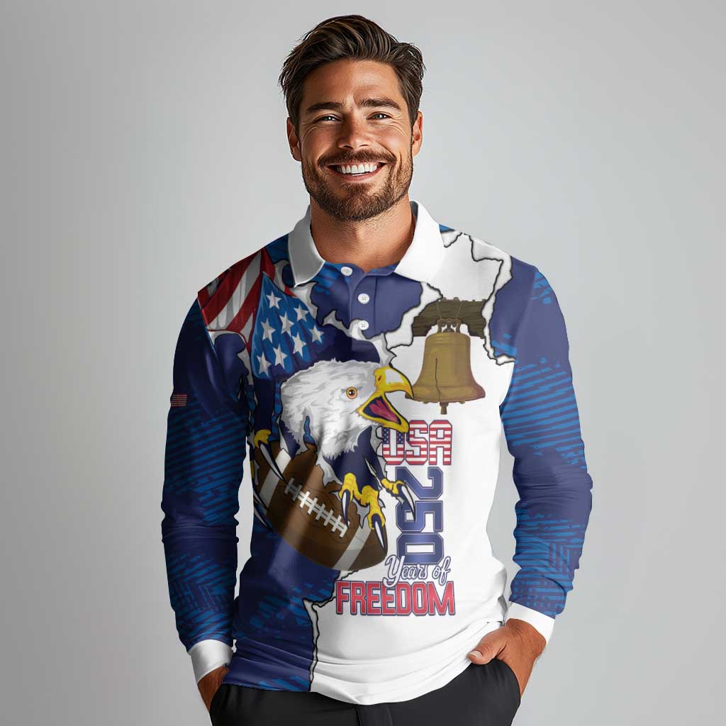 Personalized Football United States 250th Anniversary Long Sleeve Polo Shirt USA Flag Eagle Liberty Bell