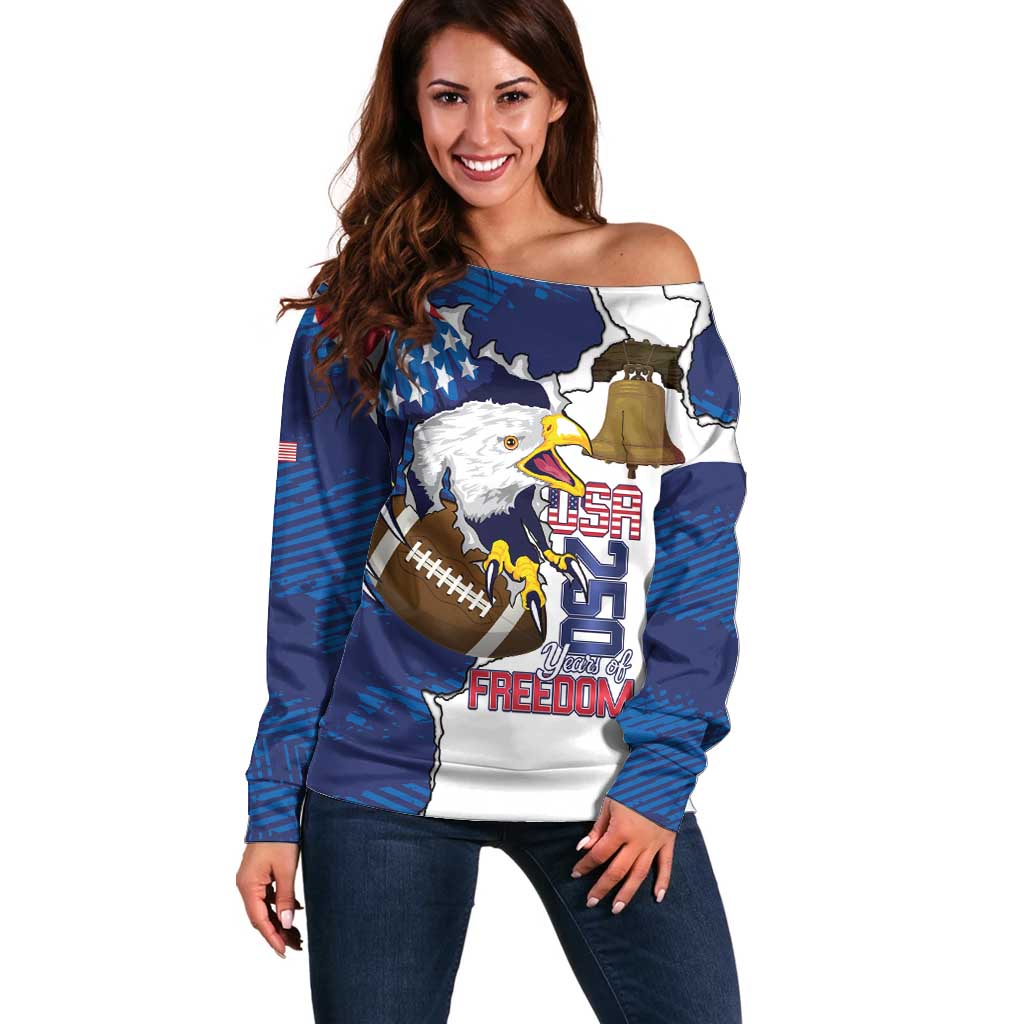 Personalized Football United States 250th Anniversary Off Shoulder Sweater USA Flag Eagle Liberty Bell