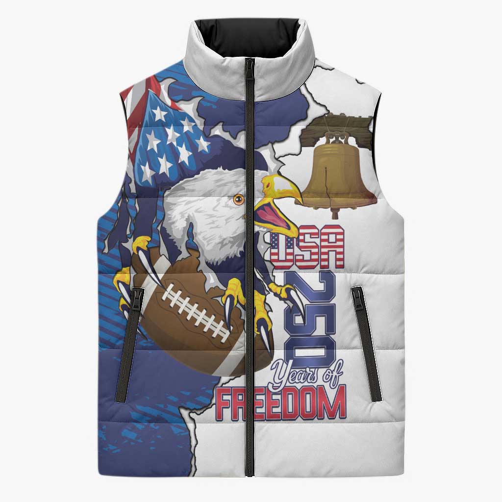 Personalized Football United States 250th Anniversary Sleeveless Puffer Jacket USA Flag Eagle Liberty Bell