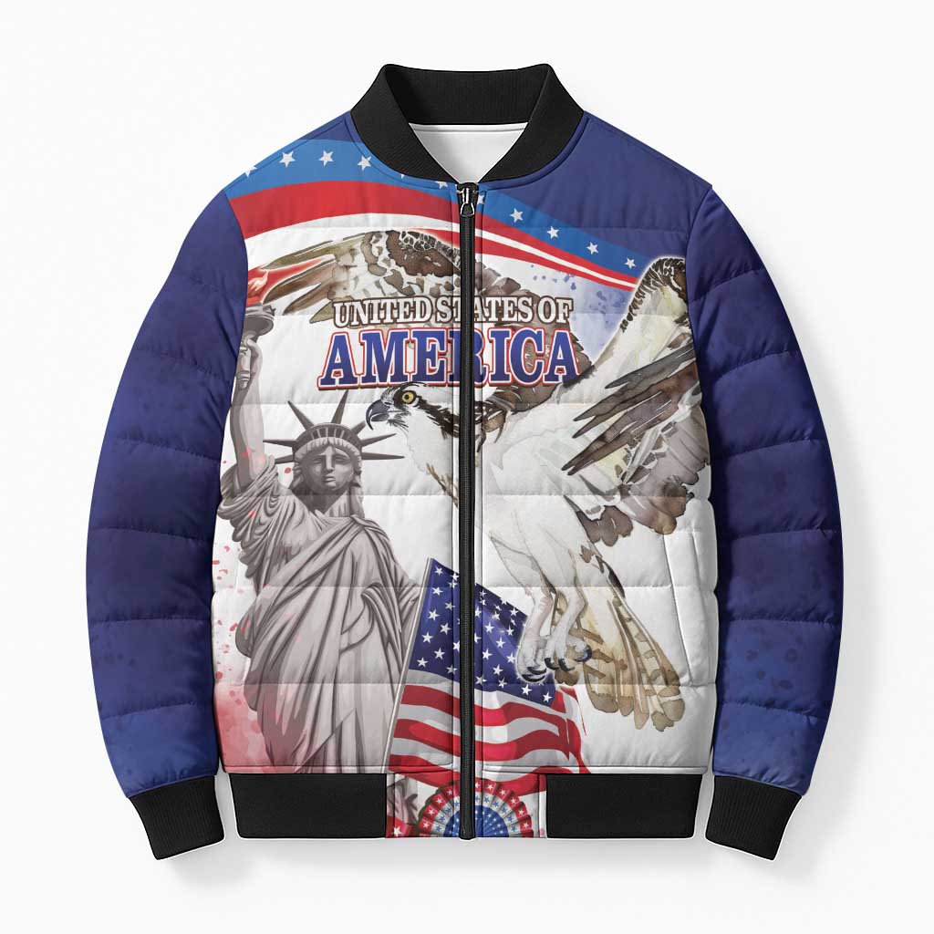 United States 4th Of July Bomber Puffer Jacket USA Osprey 250 Years Of Freedom