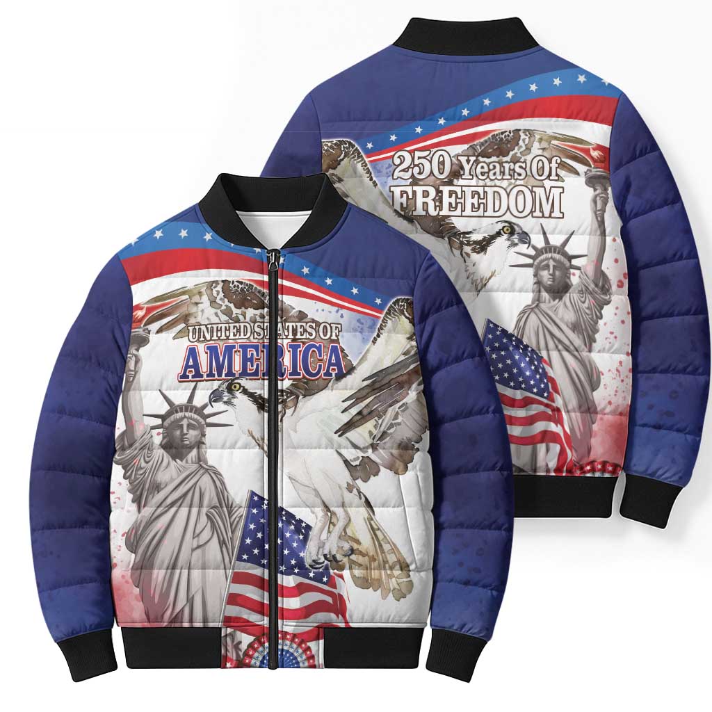 United States 4th Of July Bomber Puffer Jacket USA Osprey 250 Years Of Freedom