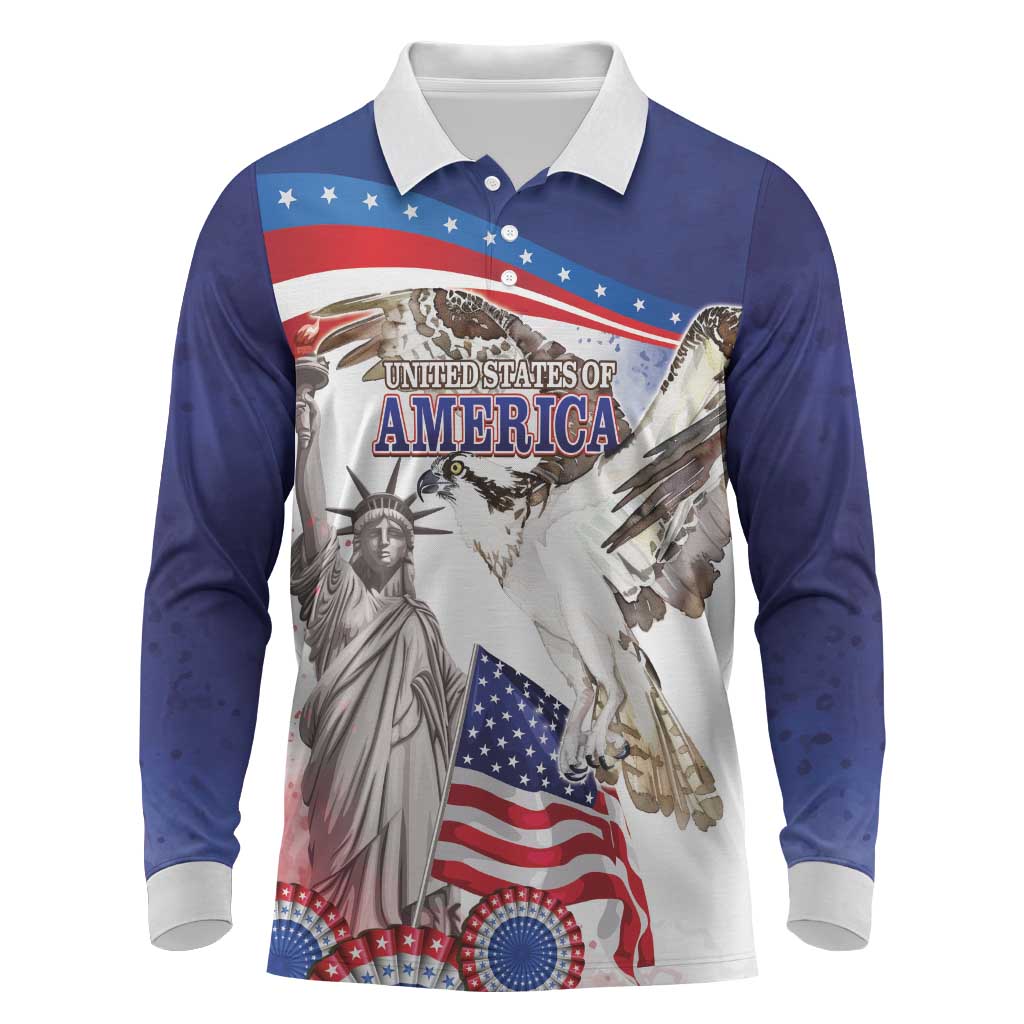 United States 4th Of July Long Sleeve Polo Shirt USA Osprey 250 Years Of Freedom