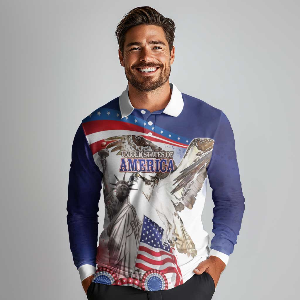 United States 4th Of July Long Sleeve Polo Shirt USA Osprey 250 Years Of Freedom