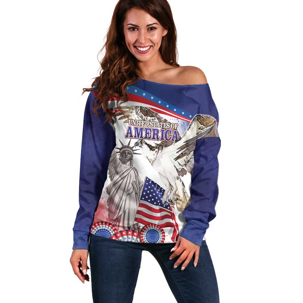 United States 4th Of July Off Shoulder Sweater USA Osprey 250 Years Of Freedom