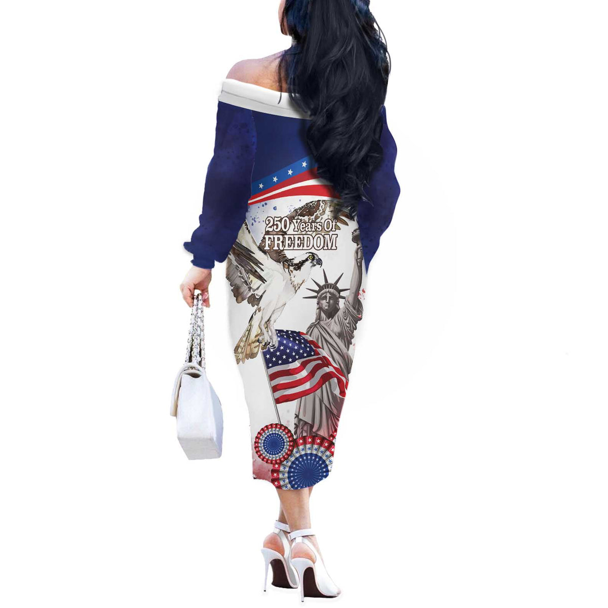 United States 4th Of July Off The Shoulder Long Sleeve Dress USA Osprey 250 Years Of Freedom