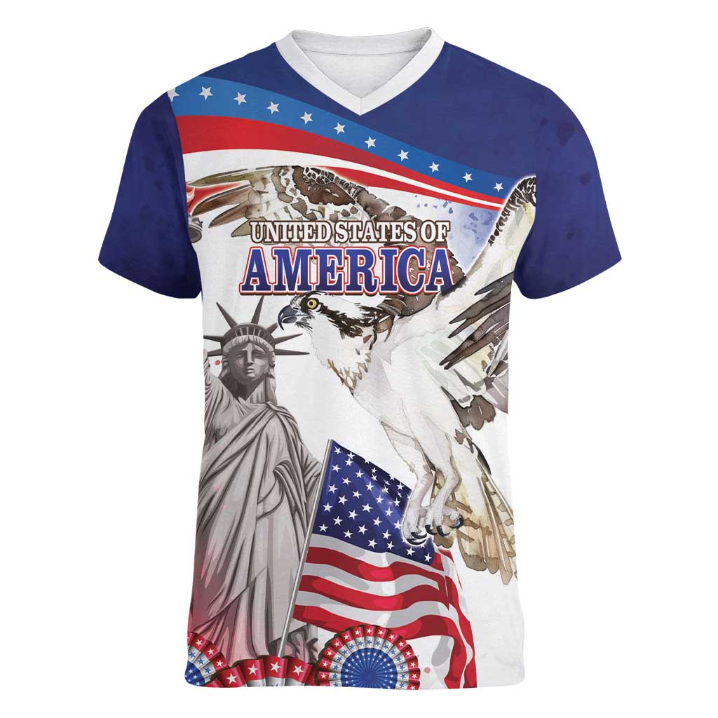 United States 4th Of July Women V-Neck T-Shirt USA Osprey 250 Years Of Freedom