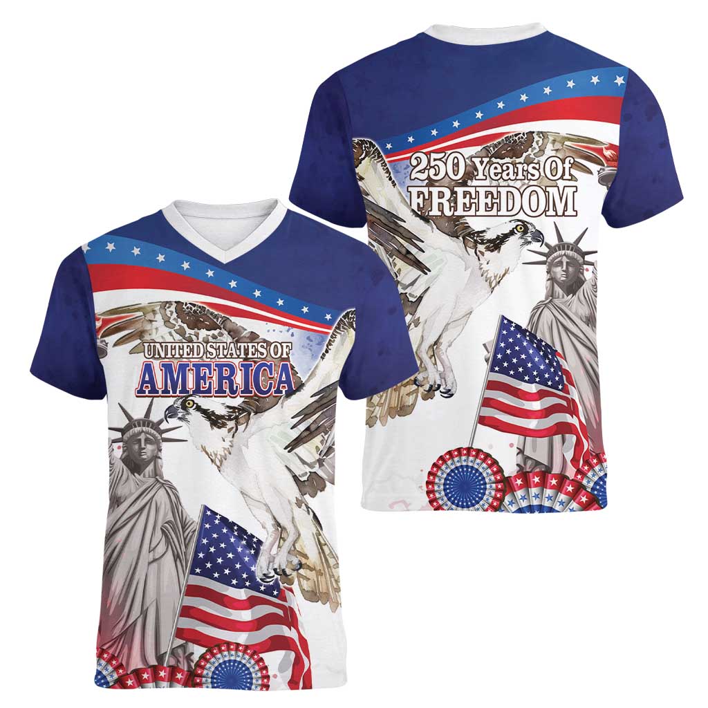 United States 4th Of July Women V-Neck T-Shirt USA Osprey 250 Years Of Freedom