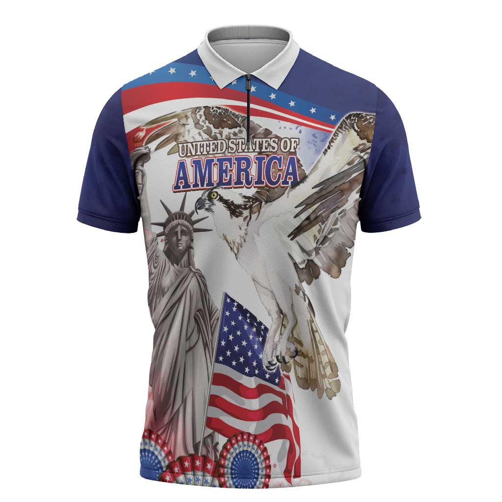 United States 4th Of July Zipper Polo Shirt USA Osprey 250 Years Of Freedom