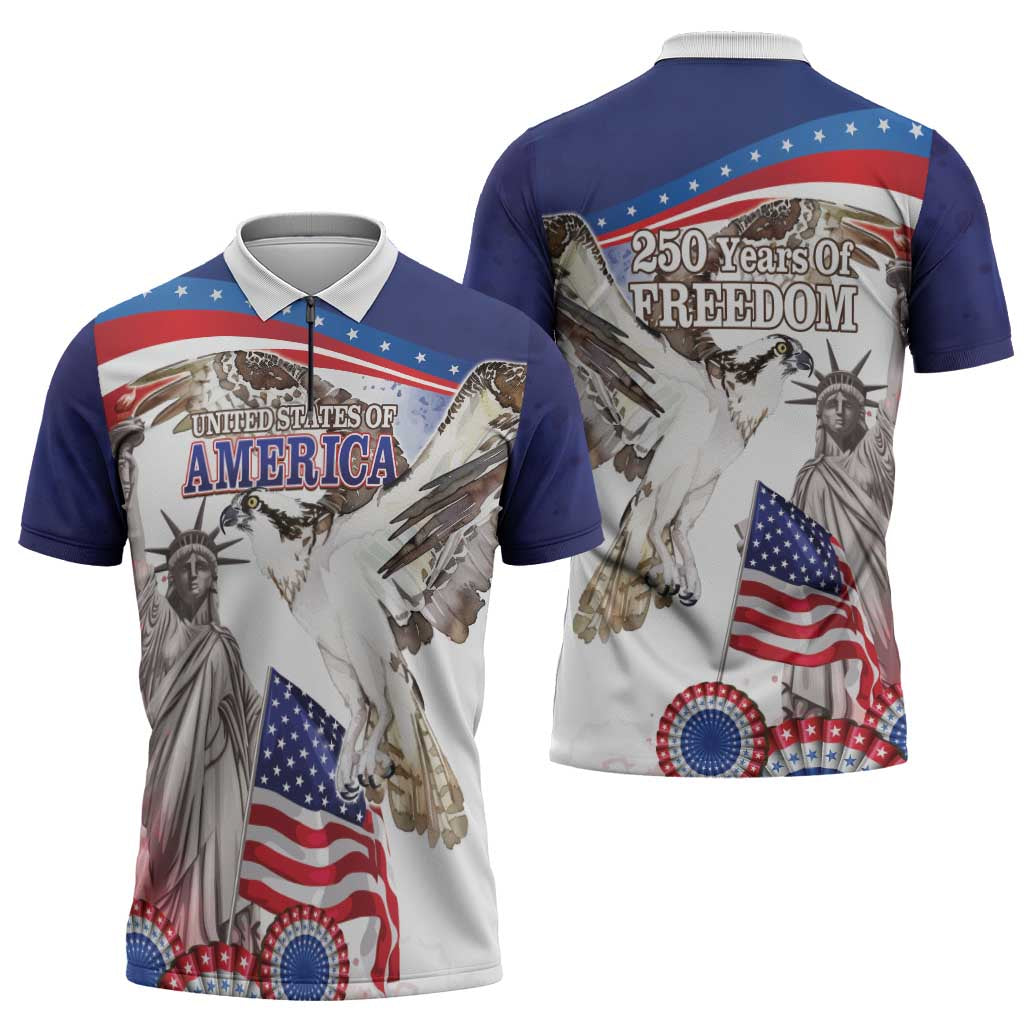 United States 4th Of July Zipper Polo Shirt USA Osprey 250 Years Of Freedom