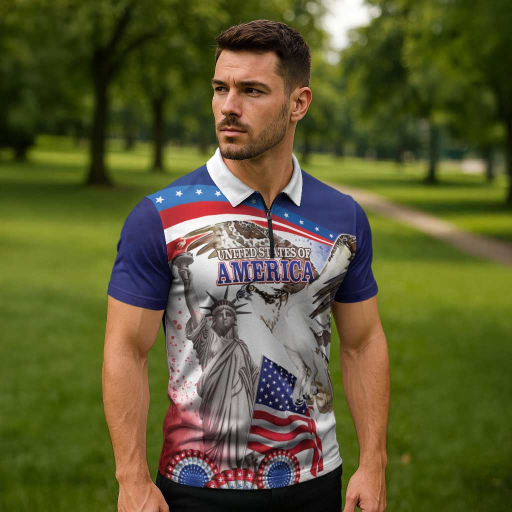 United States 4th Of July Zipper Polo Shirt USA Osprey 250 Years Of Freedom