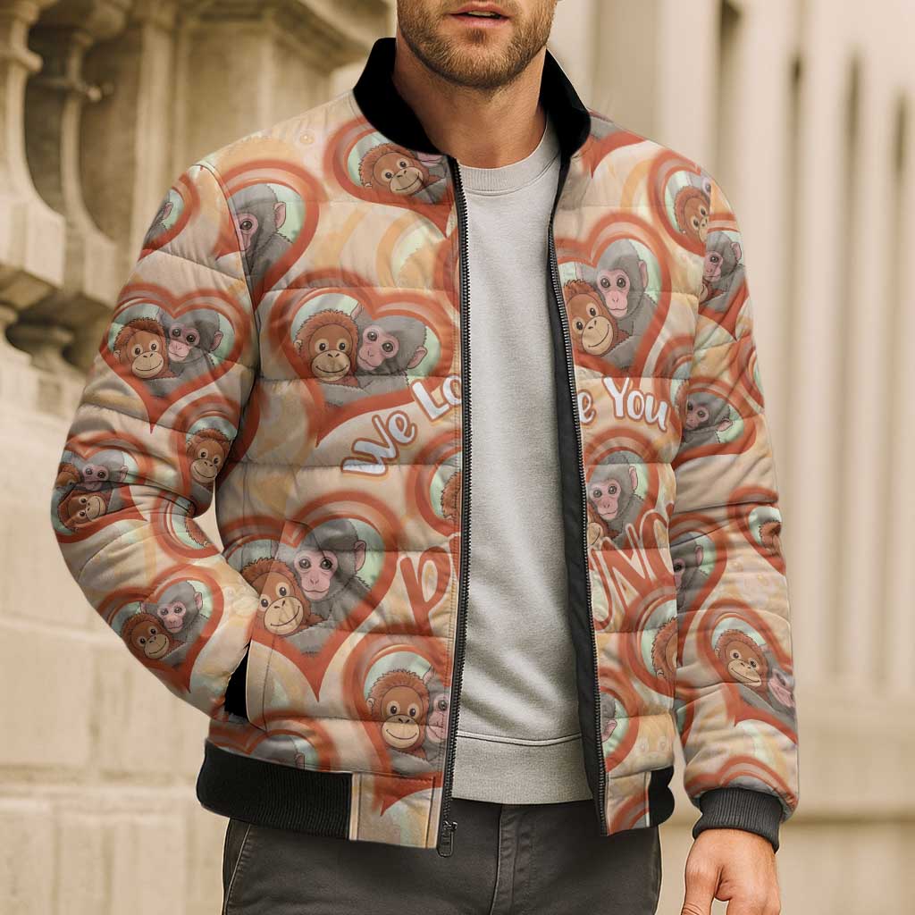 Punch The Monkey Bomber Puffer Jacket We Love You Seamless Heart Style Orange