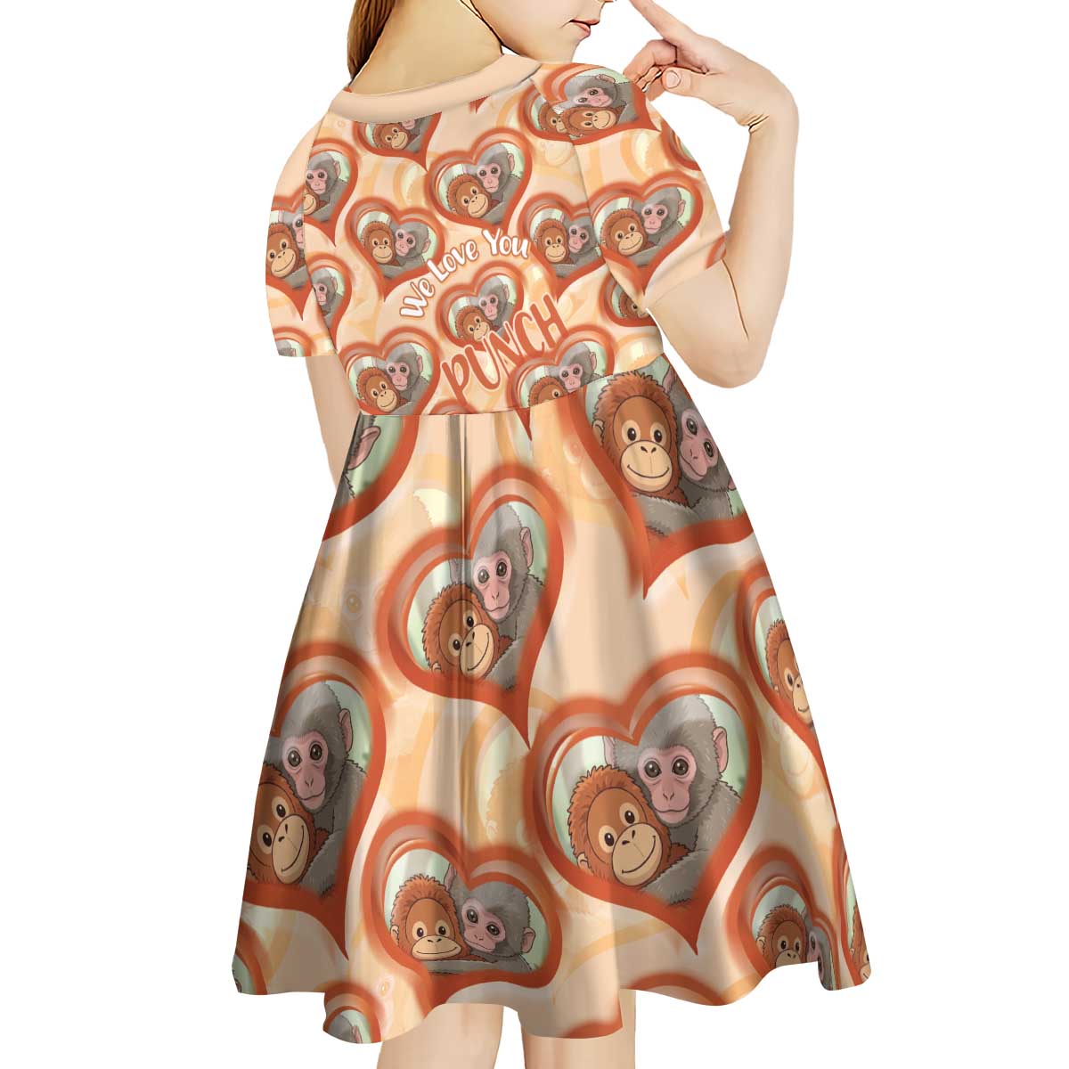 Punch The Monkey Kid Short Sleeve Dress We Love You Seamless Heart Style Orange