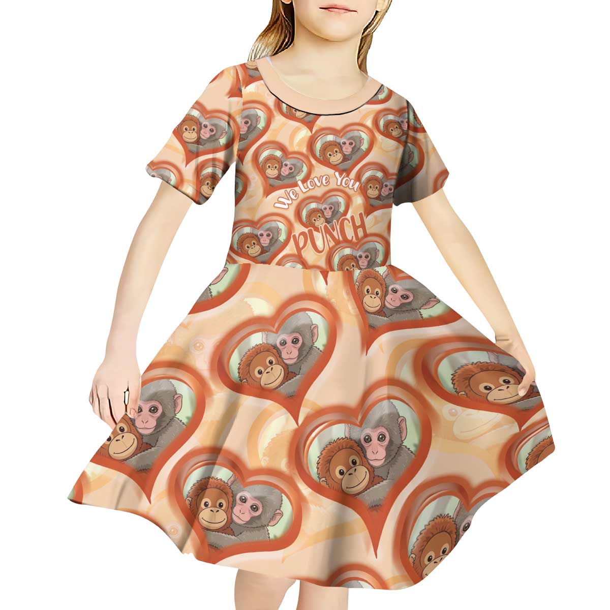 Punch The Monkey Kid Short Sleeve Dress We Love You Seamless Heart Style Orange