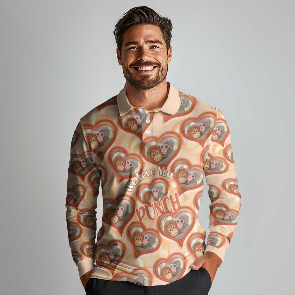 Punch The Monkey Long Sleeve Polo Shirt We Love You Seamless Heart Style Orange