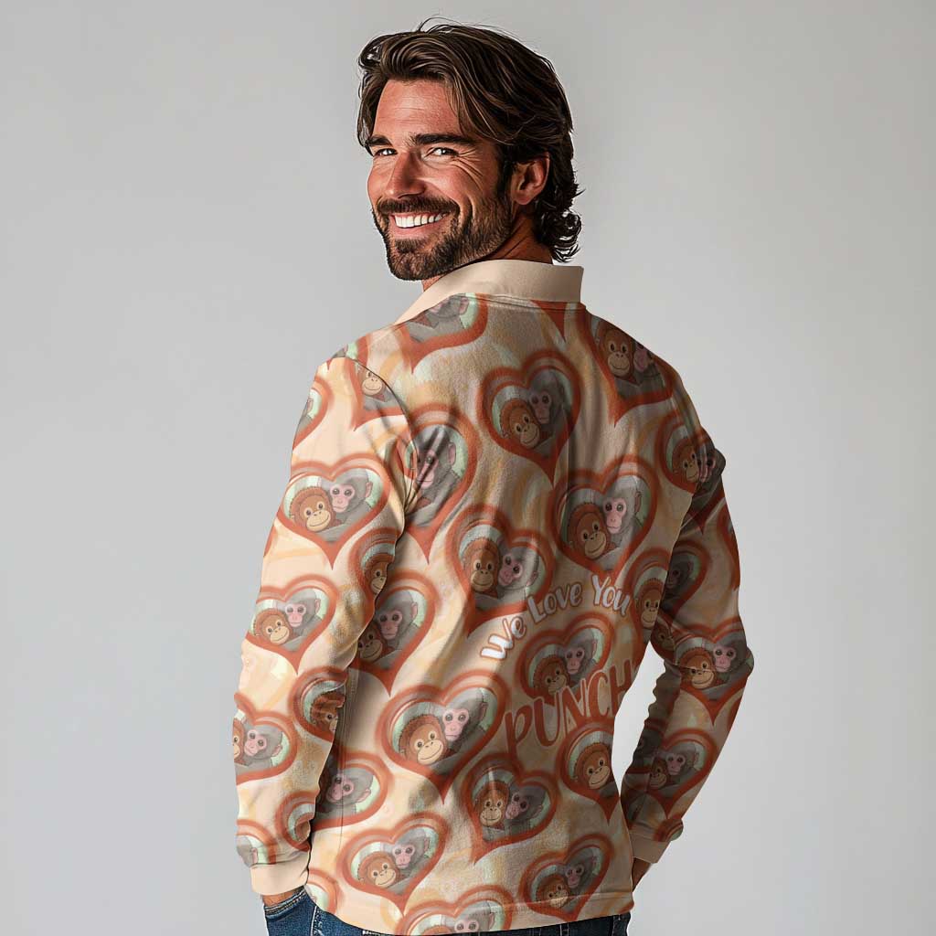 Punch The Monkey Long Sleeve Polo Shirt We Love You Seamless Heart Style Orange