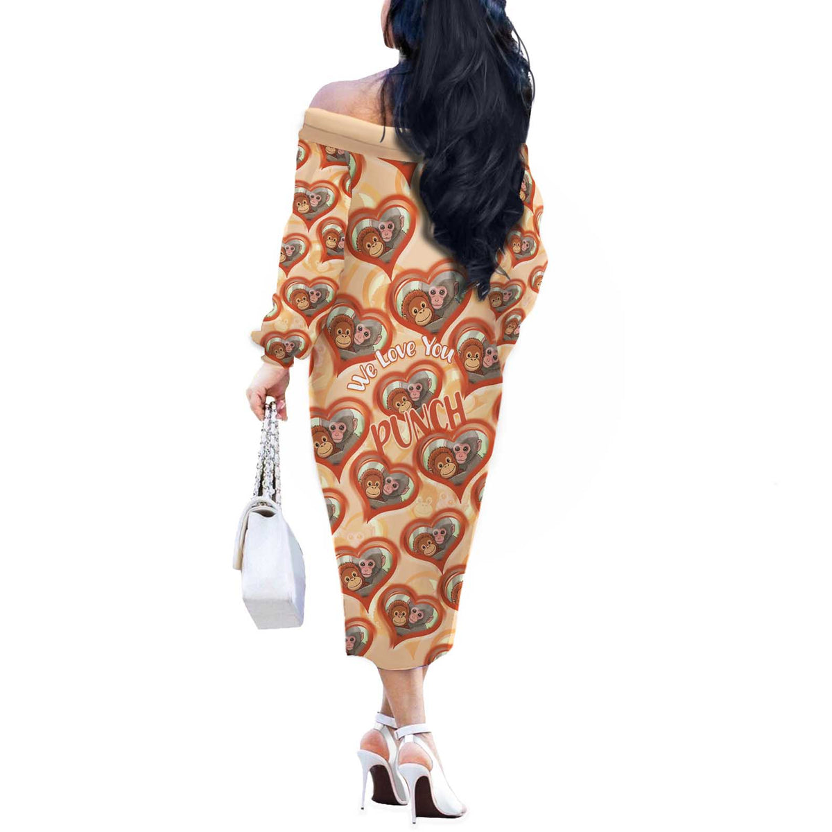 Punch The Monkey Off The Shoulder Long Sleeve Dress We Love You Seamless Heart Style Orange