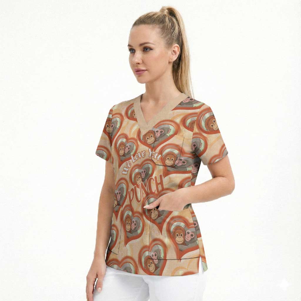 Punch The Monkey Scrub Top We Love You Seamless Heart Style Orange