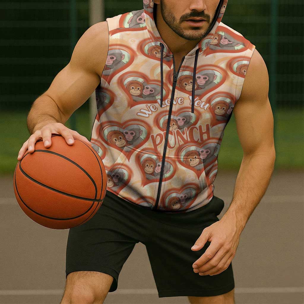 Punch The Monkey Sleeveless Zip Hoodie We Love You Seamless Heart Style Orange