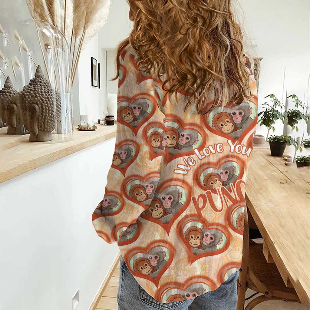 Punch The Monkey Women Casual Shirt We Love You Seamless Heart Style Orange