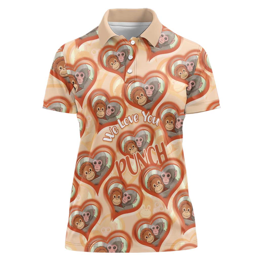 Punch The Monkey Women Polo Shirt We Love You Seamless Heart Style Orange