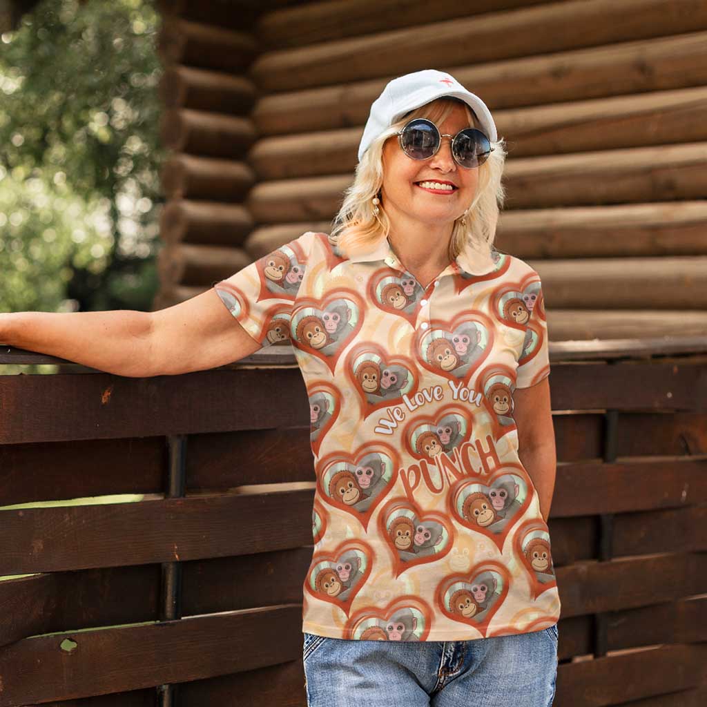 Punch The Monkey Women Polo Shirt We Love You Seamless Heart Style Orange