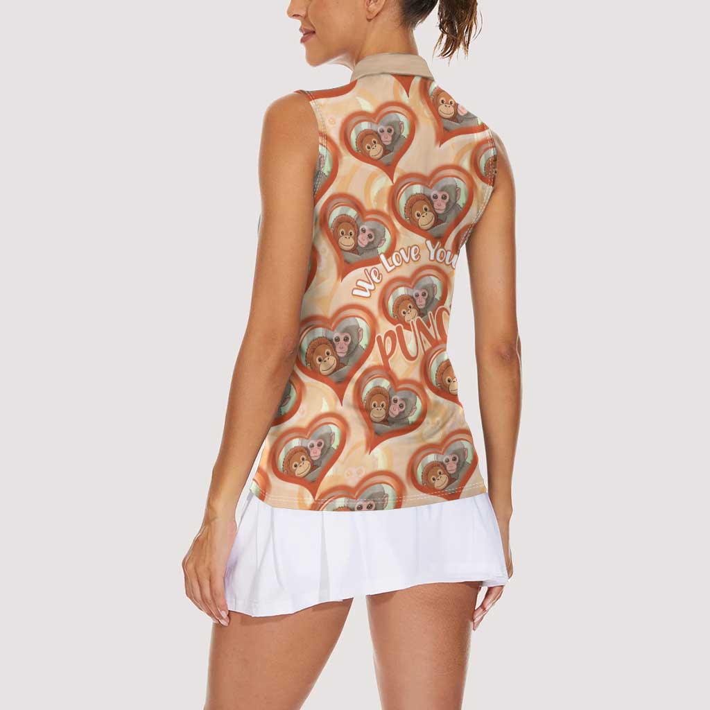 Punch The Monkey Women Sleeveless Polo Shirt We Love You Seamless Heart Style Orange
