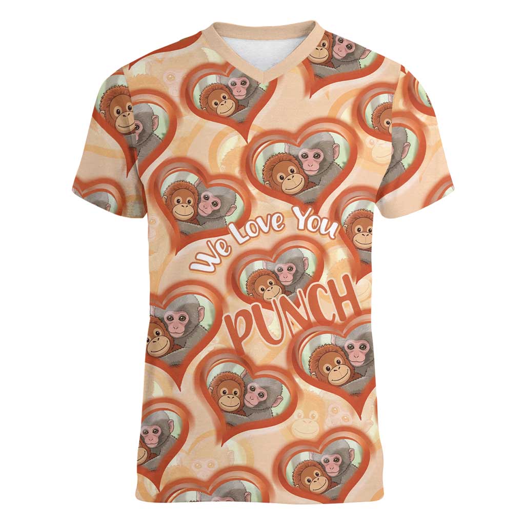 Punch The Monkey Women V-Neck T-Shirt We Love You Seamless Heart Style Orange
