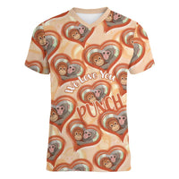 Punch The Monkey Women V-Neck T-Shirt We Love You Seamless Heart Style Orange
