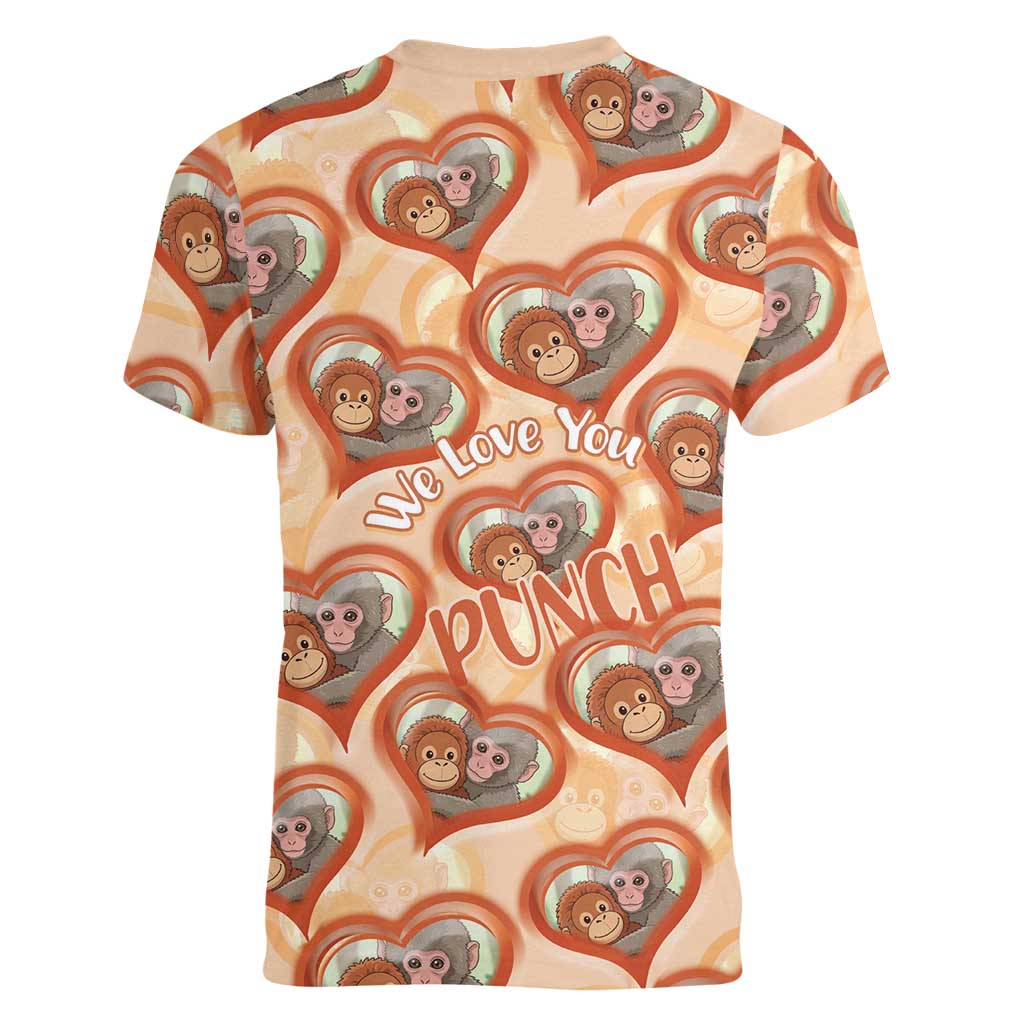 Punch The Monkey Women V-Neck T-Shirt We Love You Seamless Heart Style Orange