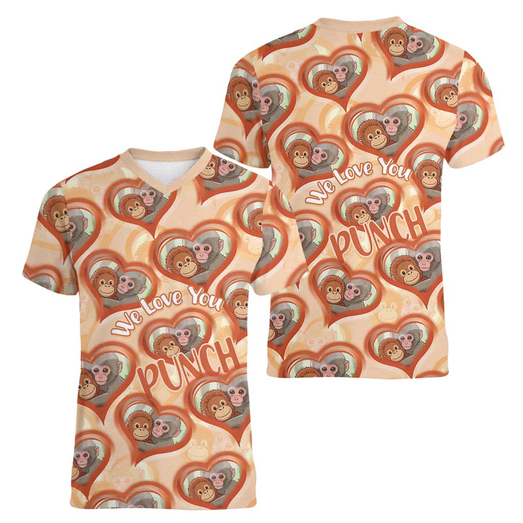 Punch The Monkey Women V-Neck T-Shirt We Love You Seamless Heart Style Orange