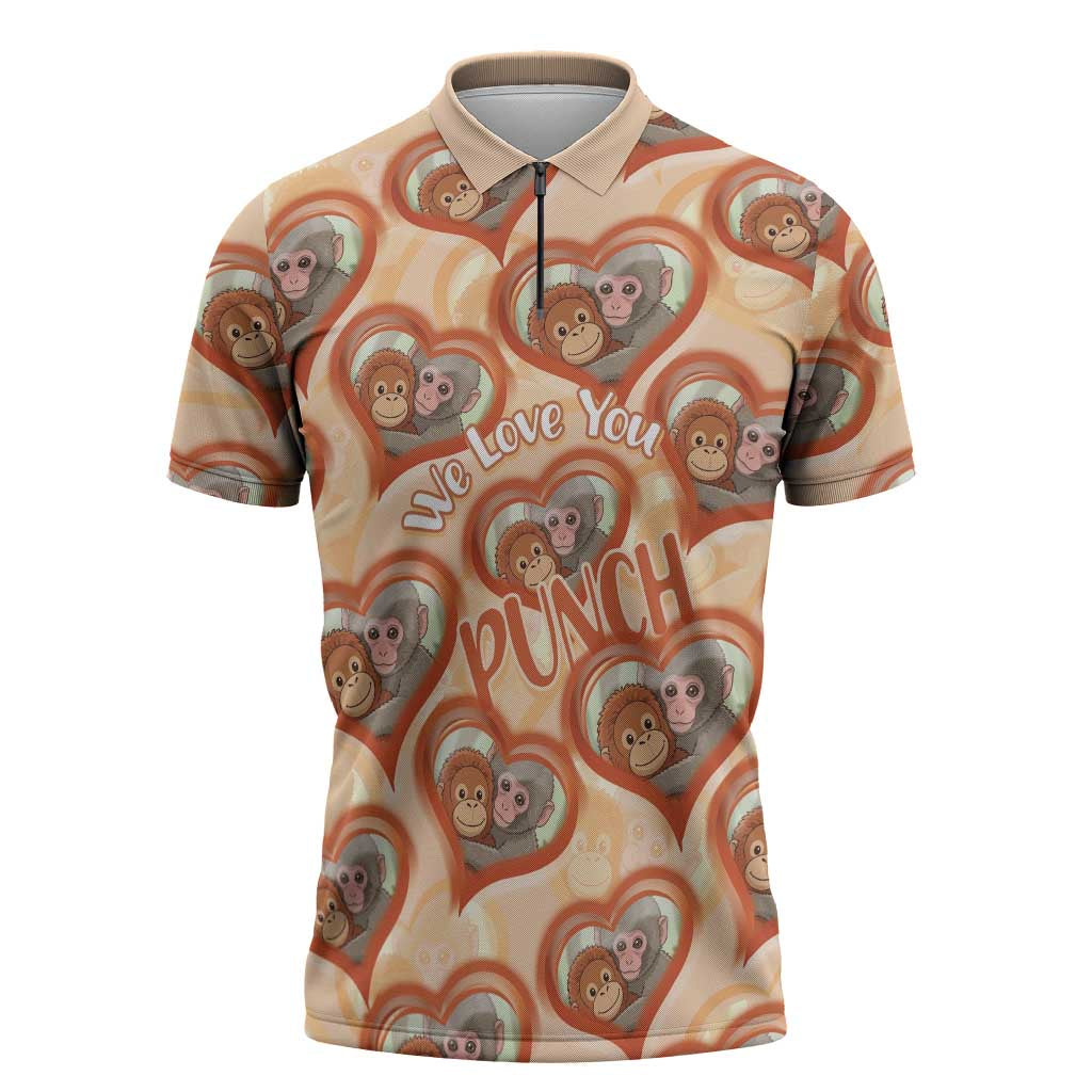 Punch The Monkey Zipper Polo Shirt We Love You Seamless Heart Style Orange