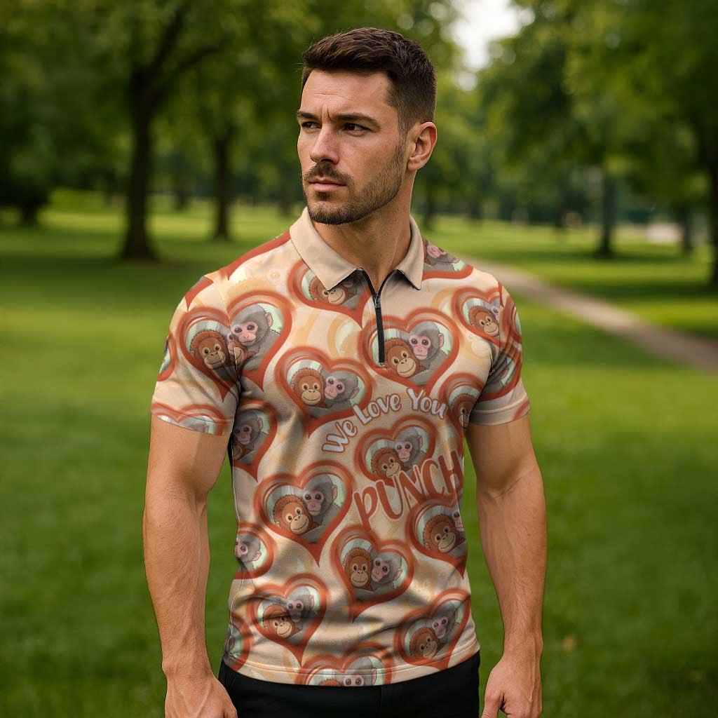 Punch The Monkey Zipper Polo Shirt We Love You Seamless Heart Style Orange