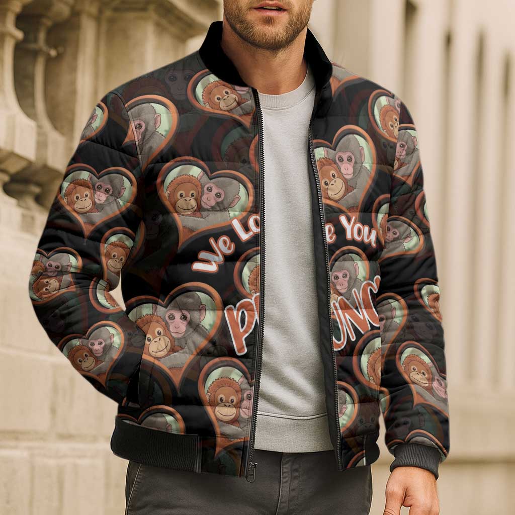 Punch The Monkey Bomber Puffer Jacket We Love You Seamless Heart Style Black