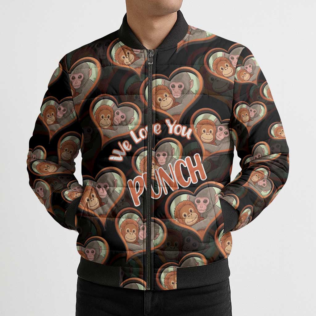 Punch The Monkey Bomber Puffer Jacket We Love You Seamless Heart Style Black