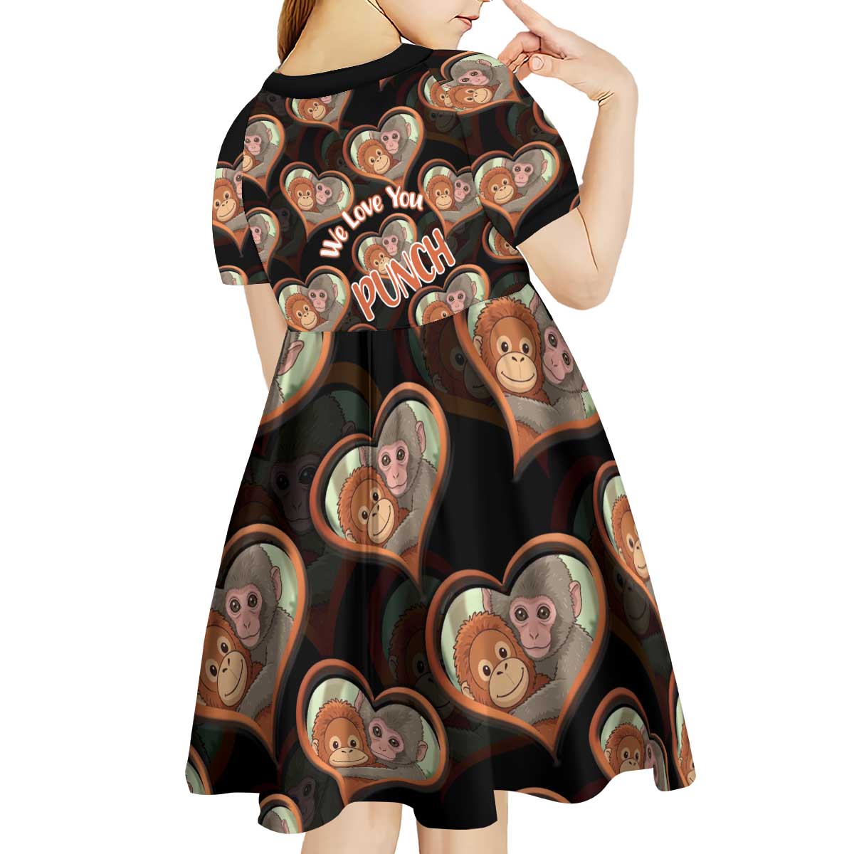 Punch The Monkey Kid Short Sleeve Dress We Love You Seamless Heart Style Black