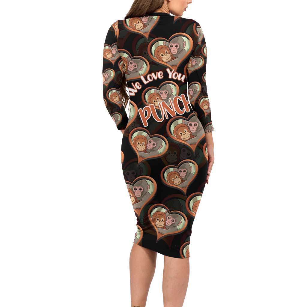 Punch The Monkey Long Sleeve Bodycon Dress We Love You Seamless Heart Style Black