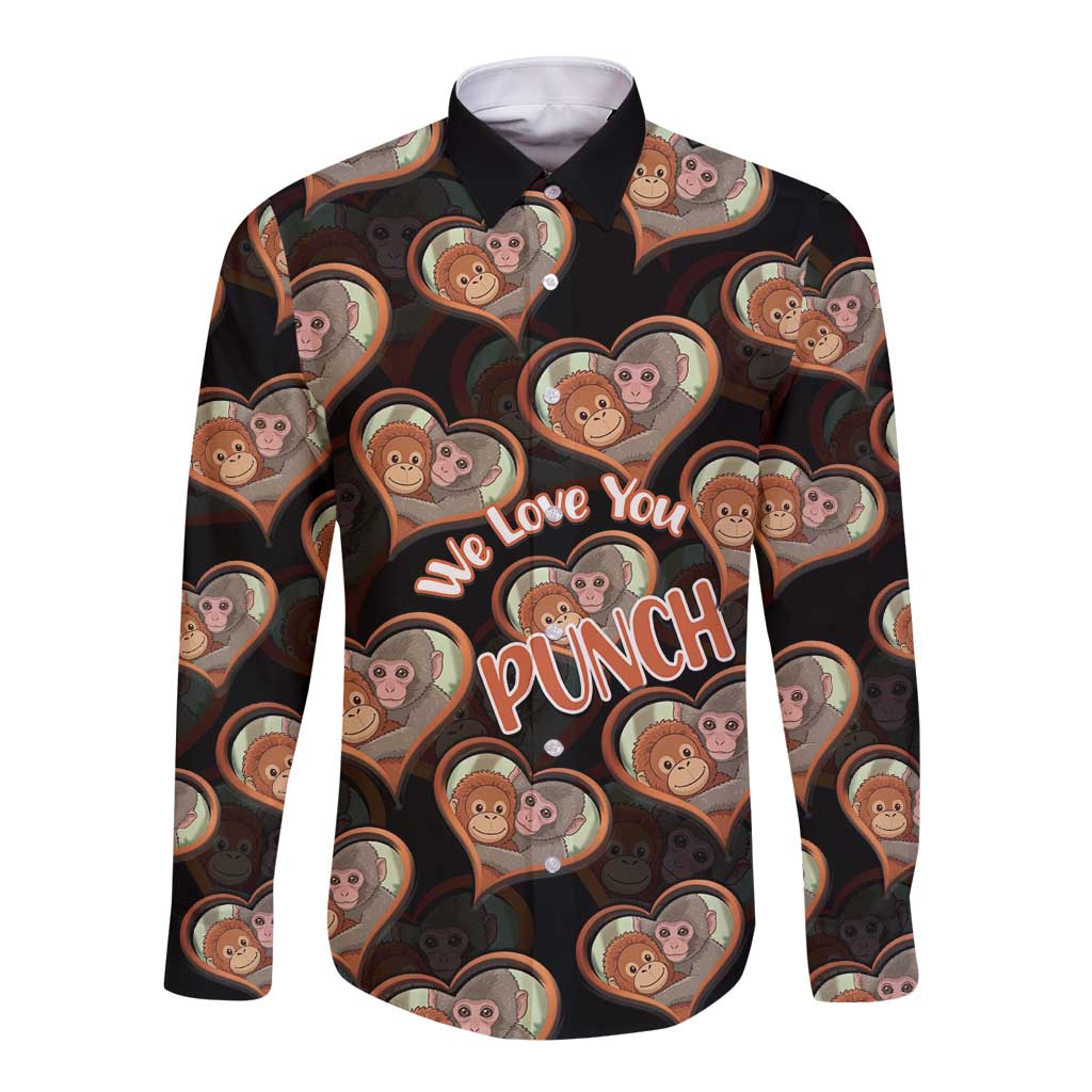 Punch The Monkey Long Sleeve Button Shirt We Love You Seamless Heart Style Black