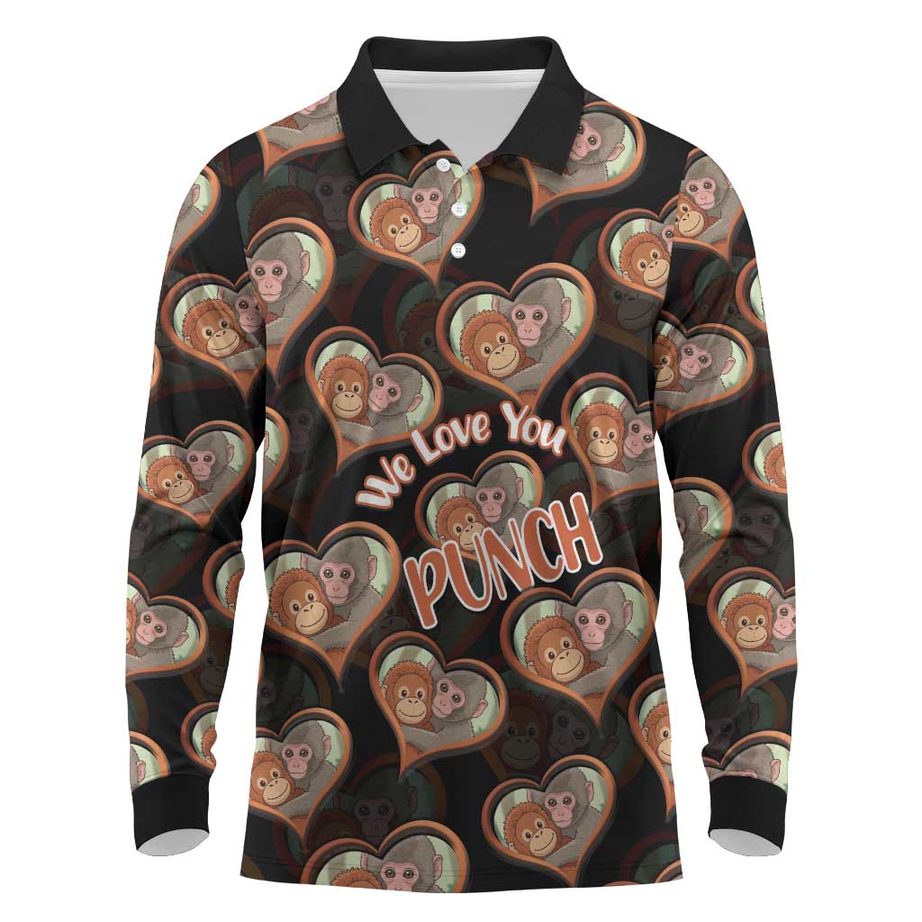 Punch The Monkey Long Sleeve Polo Shirt We Love You Seamless Heart Style Black