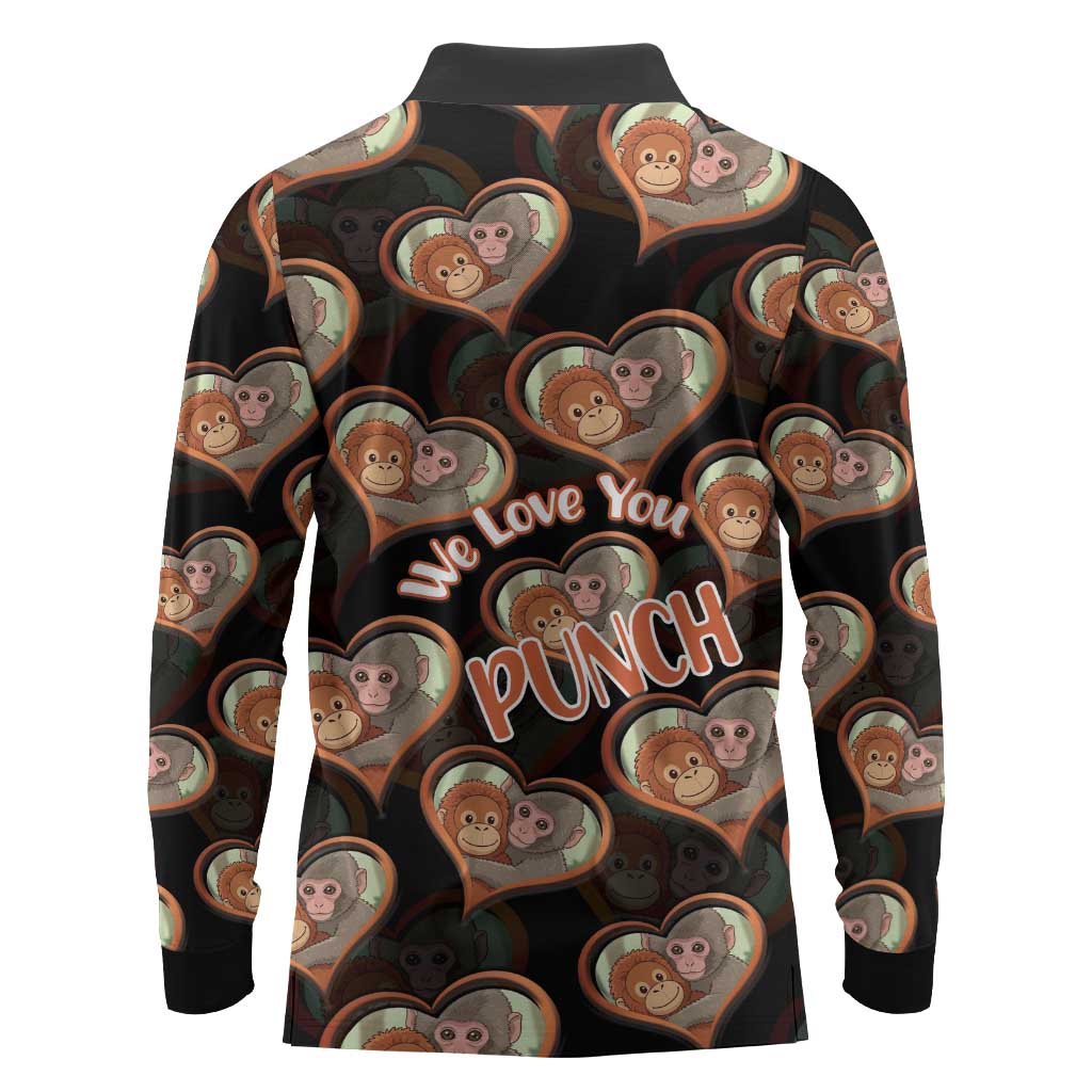 Punch The Monkey Long Sleeve Polo Shirt We Love You Seamless Heart Style Black