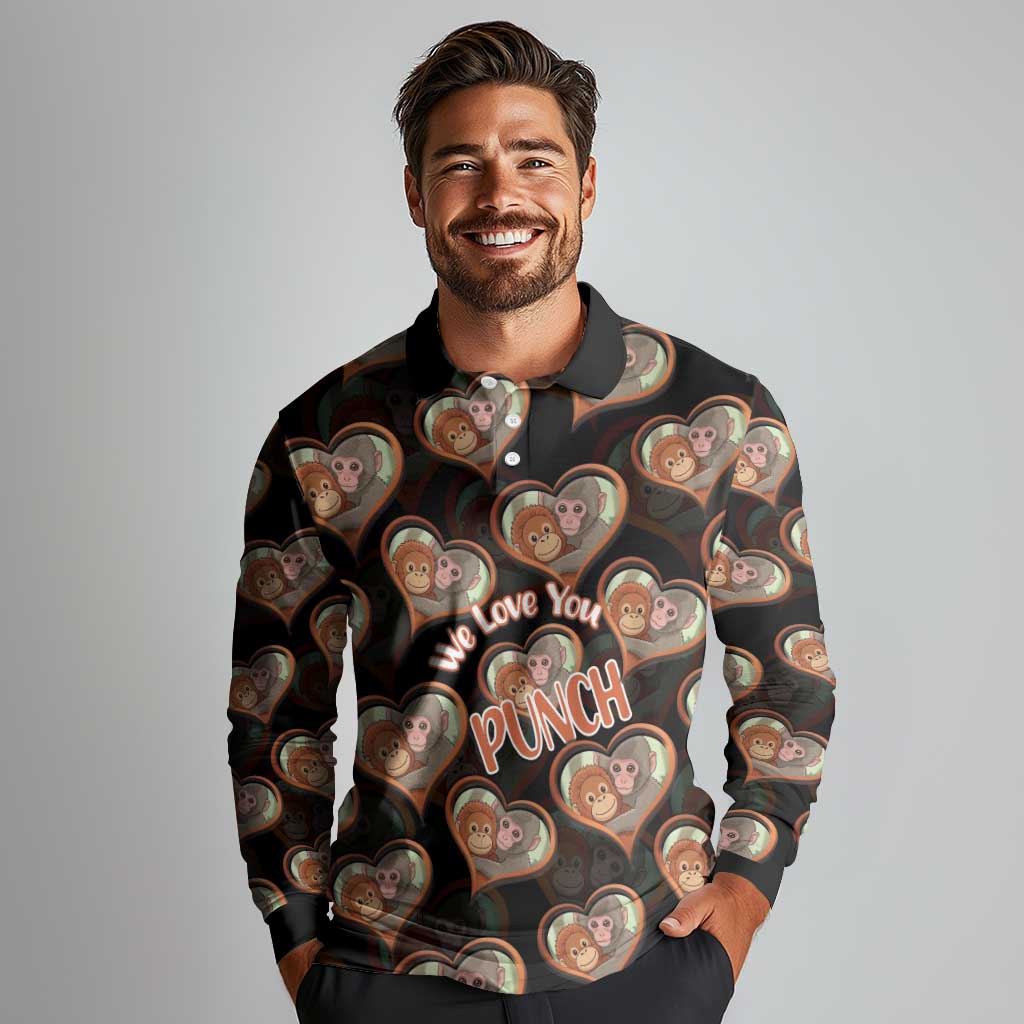 Punch The Monkey Long Sleeve Polo Shirt We Love You Seamless Heart Style Black