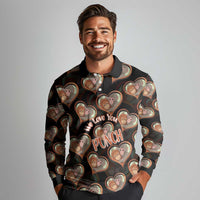 Punch The Monkey Long Sleeve Polo Shirt We Love You Seamless Heart Style Black