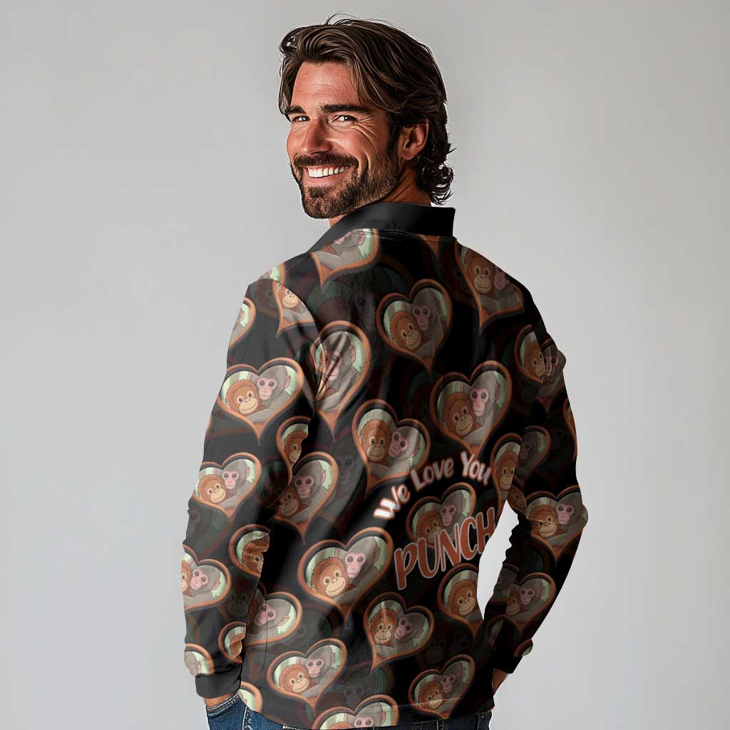 Punch The Monkey Long Sleeve Polo Shirt We Love You Seamless Heart Style Black