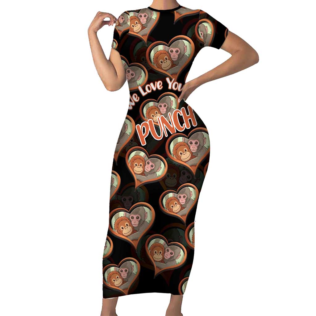 Punch The Monkey Short Sleeve Bodycon Dress We Love You Seamless Heart Style Black