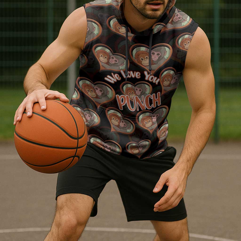 Punch The Monkey Sleeveless Hoodie We Love You Seamless Heart Style Black