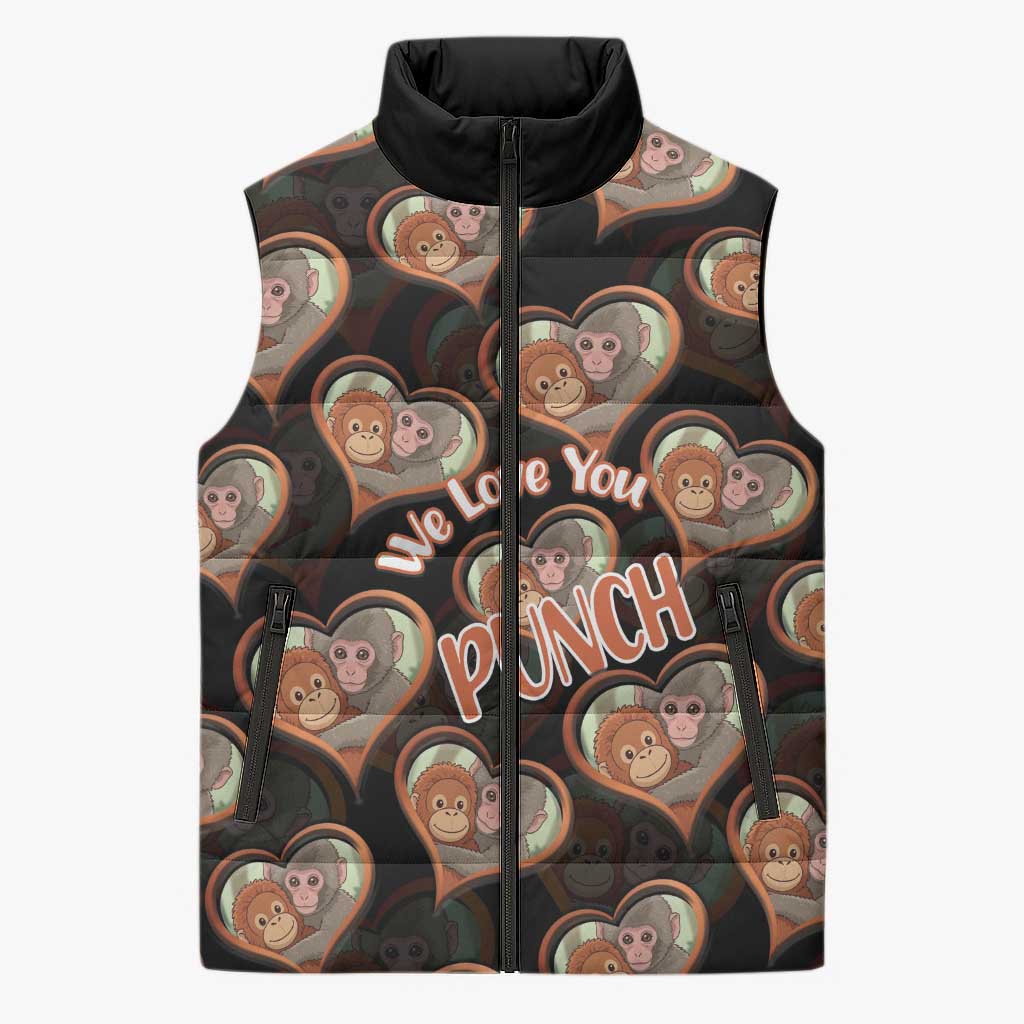 Punch The Monkey Sleeveless Puffer Jacket We Love You Seamless Heart Style Black
