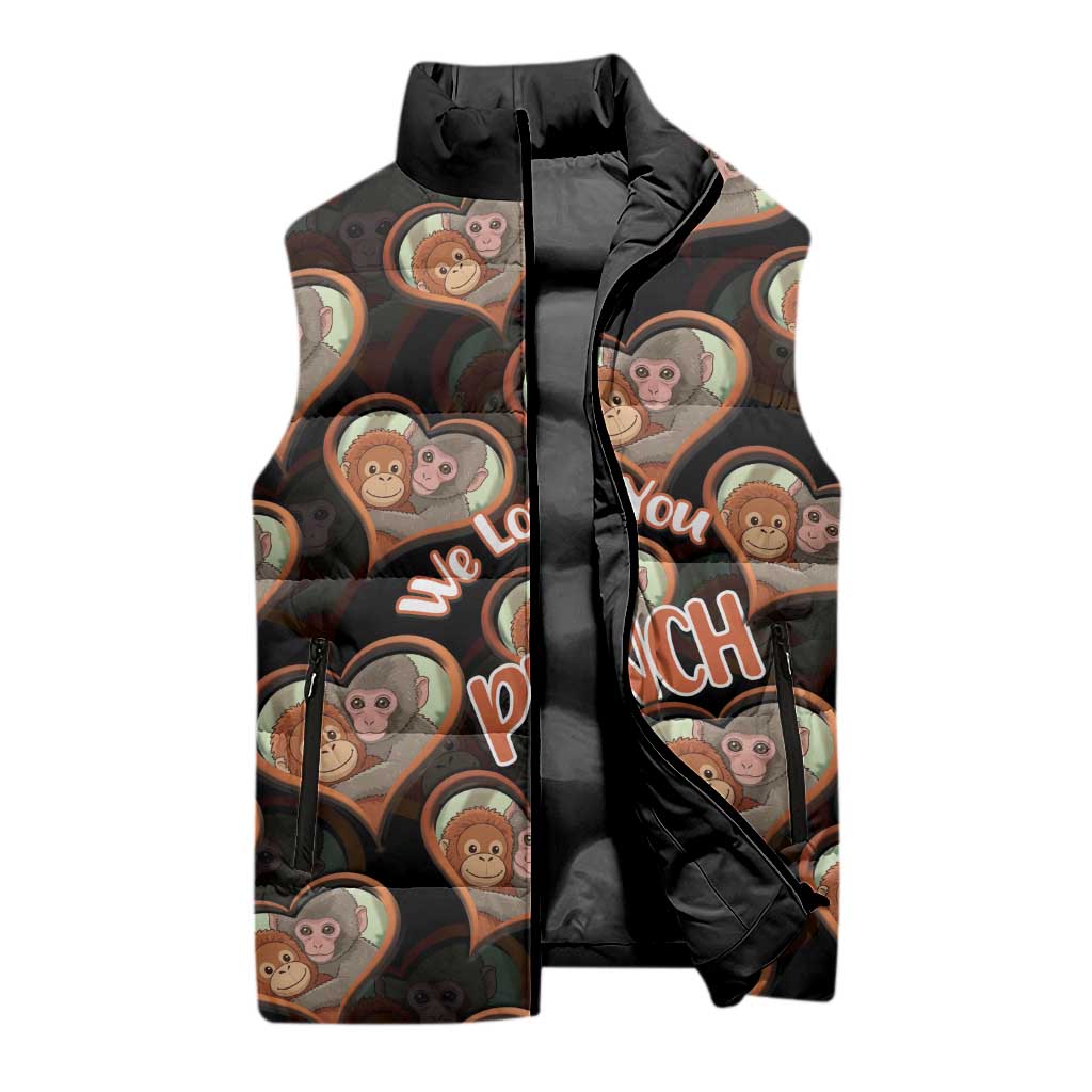 Punch The Monkey Sleeveless Puffer Jacket We Love You Seamless Heart Style Black