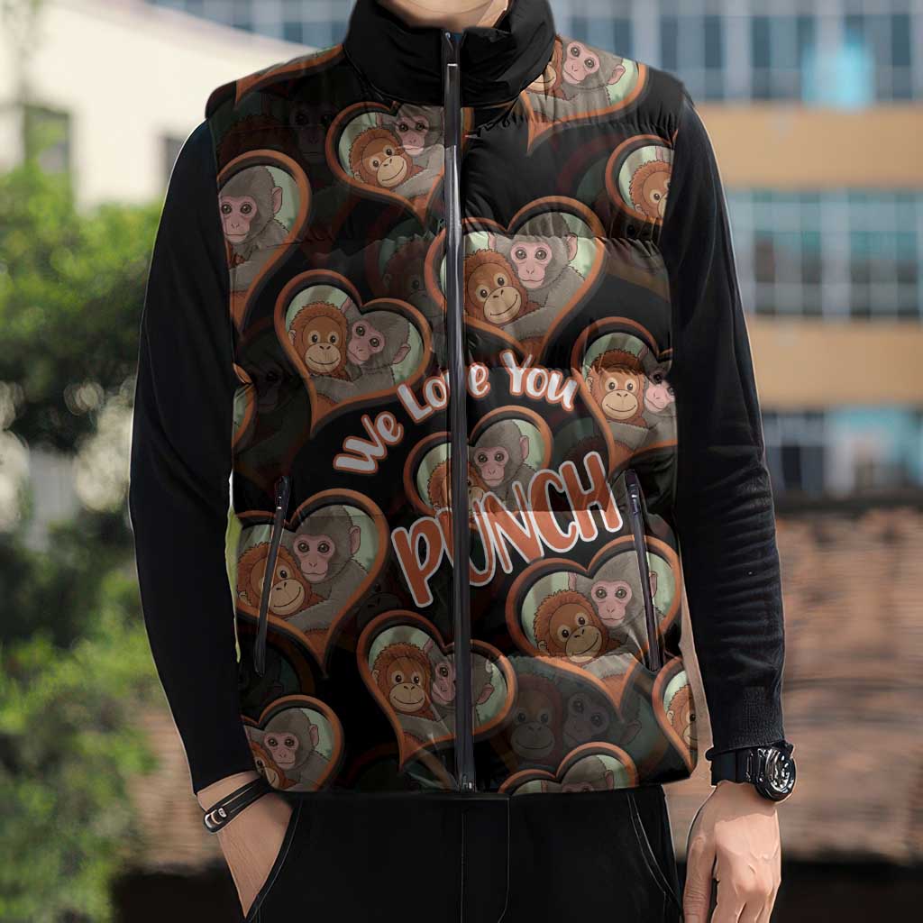 Punch The Monkey Sleeveless Puffer Jacket We Love You Seamless Heart Style Black